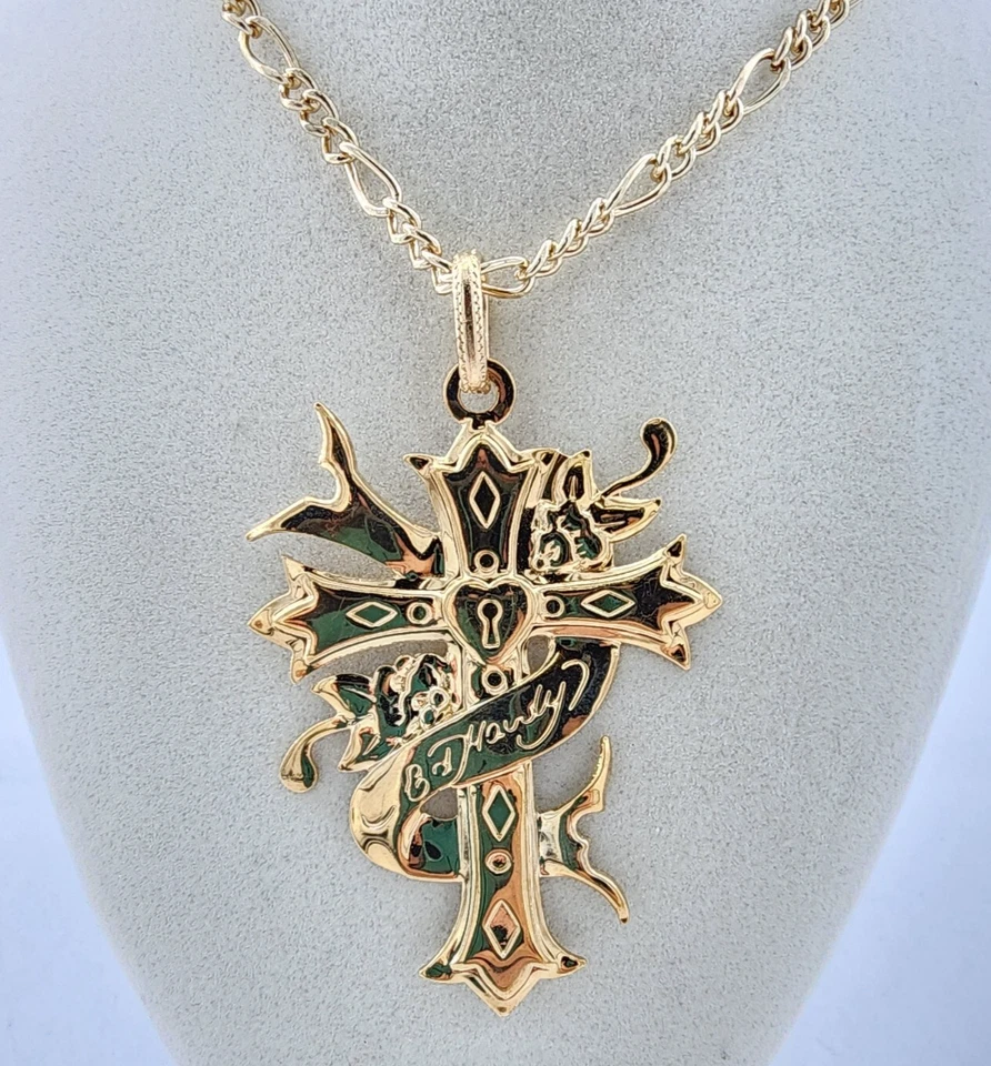 NUEVA Cadena Figaro Ed Hardy Para Hombre Tono Dorado con Colgante Cruz 2.5" Foto 2 de 4