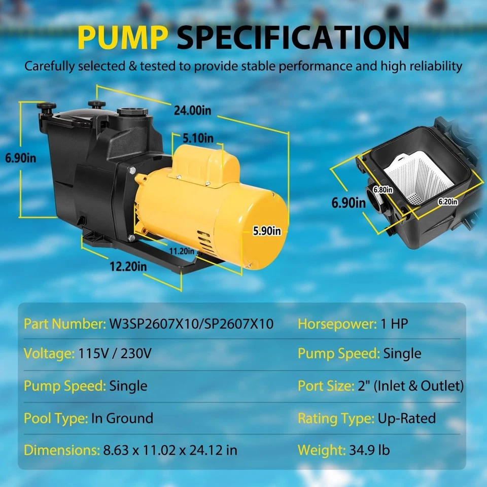 W3SP2607X10 Pool Pump 1 HP 115/230 V One Speed Replacement for Hayward SP2607X10 - Image 2 of 4