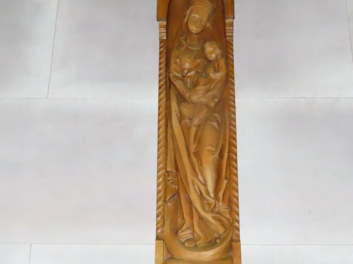 Heiligenfigur Holzfigur "Heilige Maria mit Jesuskind " Mondsichel Wandrelief!