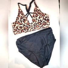 Animal Print High Waisted Bikini Halter Style Black Brown Swimsuit 561 Size L