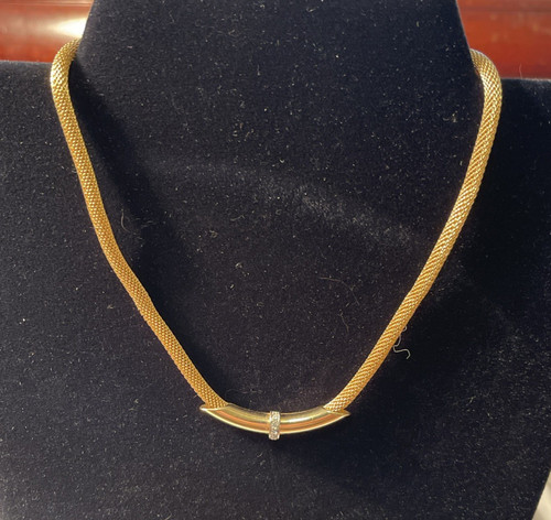 Signed AVON Gold Tone Mesh Choker Chain Necklace Sliding Tube Rhinestone Pendant