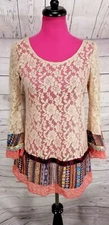 Ivy Jane Lace Blouse Size S Womens Brown Floral Sheer Patchwork Bell Sleeves