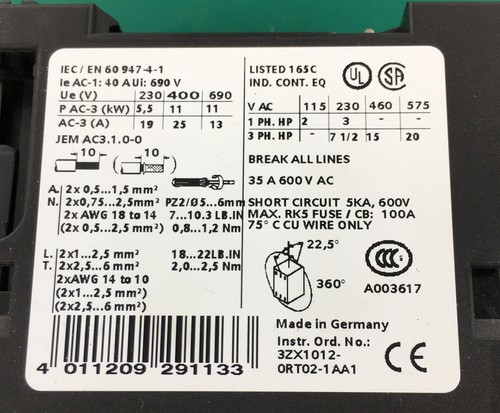 Siemens Sirius 3RT10261BB40 3 Pole Contactor + Diode+ Auxiliary Contact Assembly - Picture 3 of 4