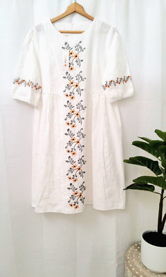 Midi Dress Womens XL Petal Lush New White Floral Embroidered Smock Dress
