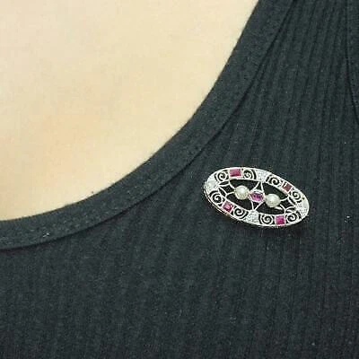 Broche prendedor filigrana perla agua dulce rubí diamante vintage oro 14K 2 tonos damas Foto 2 de 4