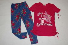 Girls Outfit ALL I WANT IS EVERYTHING Dk Pink T-Shirt BLUE LEGGINGS Roses S 6-6X