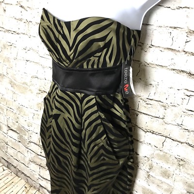 Teeze Me Womens Juniors Dress Strapless Olive Green Black Empire Waist Sz 5 NWT