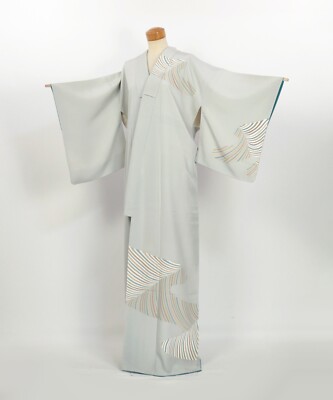 Kimono / Japanese Vintage Silk Homongi with Yuzen Kawari-shima Pattern / 2504093