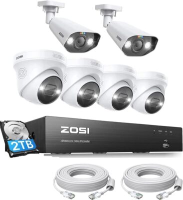 ZOSI 4K 8CH Spotlight PoE Security Camera System NVR with 2TB HDD for 24/7 Audio