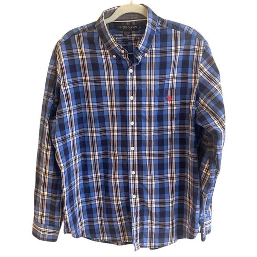 U S Polo Assn Men's Long Sleeve Button Down Shirt Blue Plaid Pocket Logo Size XL