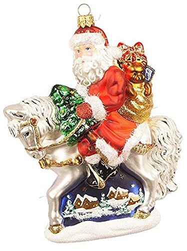 Santa Claus Riding Horse with Winter Scene Polish Glass Christmas Tree Ornament