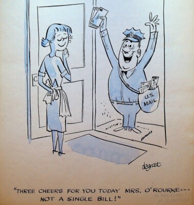 Lee DeGroot Original Art Gag Excited Mail Carrier No Bills Mrs O'Rourke