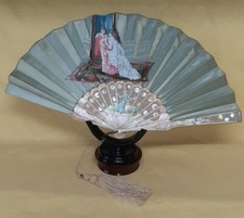 Antique 1800s Silk Victorian Hand Painted Ladies Hand Fan w MOP Inlay w Tassel