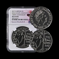 GRAN BRETAÑA. 2017, 5 libras - NGC MS69 - Top Pop 🥇 King Canute, QEII, DPL