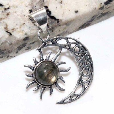 Sun & Moon Round Fiery Labradorite 925 Silver Plated Pendant 1.5'' Trendy GW
