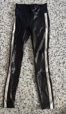 Spanx Women s Faux-Leather Stripe Leggings Black White Stretch Small