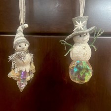 Set of 2 Vintage Crystal Snowman Christmas Tree Ornaments.