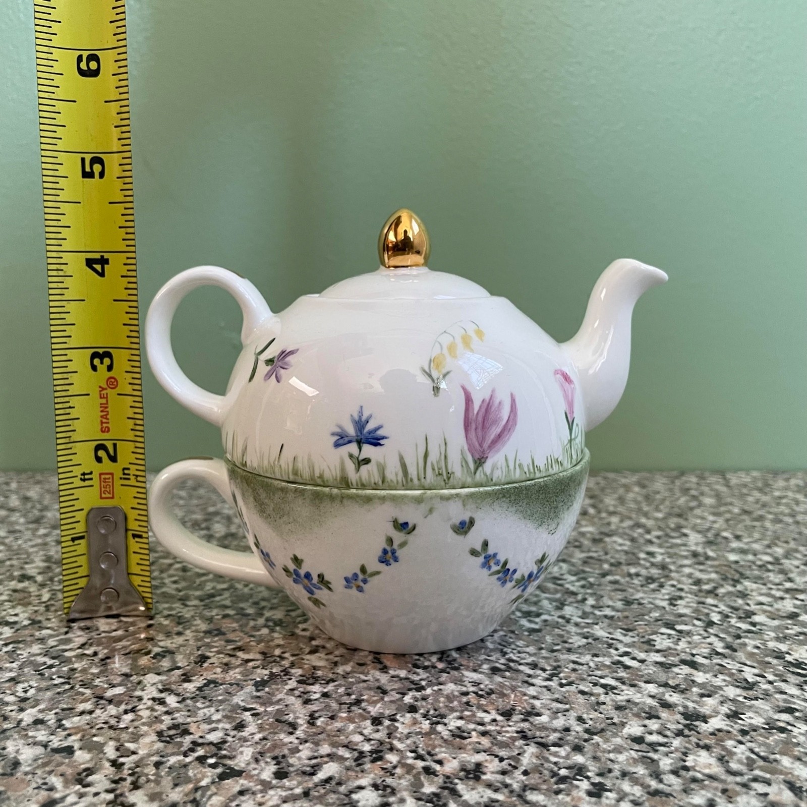 Tea For One Set  3 Piece Cup Pot Lid Hand Painted 1999 Teapot