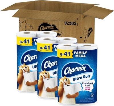 ~ Charmin Ultra Soft Cushiony Touch Toilet Paper, 24 Family Mega = 123 Regular
