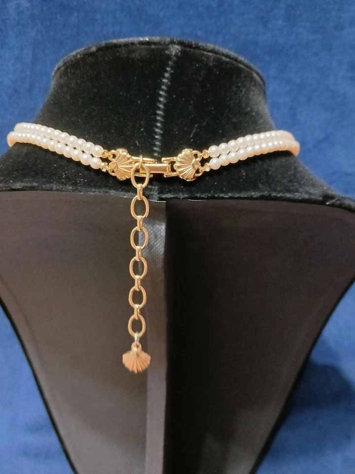 Collar Gargantilla Vintage Richelieu Dos Hilos Imitación Perla Concha Tono Dorado Firmado Foto 2 de 4