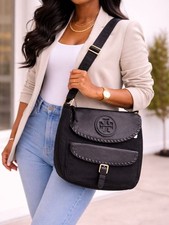 Tory Burch Marion Black Nylon Whipstitch Messenger/Diaper Bag