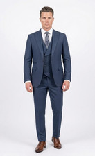 Men's Blue Micro Check Suit 3-Piece Slim Fit Single Breasted 80 Wool Set 36-50