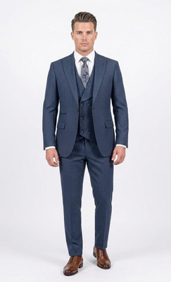 Men's Blue Micro Check Suit 3-Piece Slim Fit Single Breasted 80% Wool Set 36-50