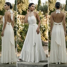 NEW FASHION NOVA WHITE CROCHET HALTER MAXI DRESS BOTTO EMBROIDERED BRIDAL PROM L