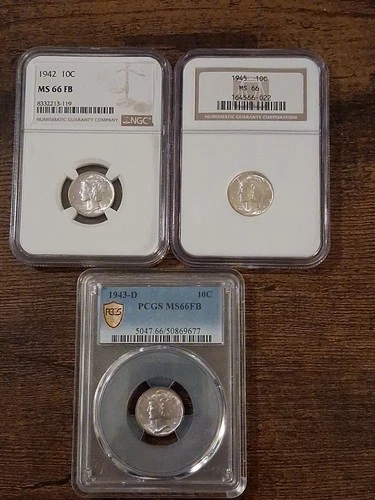 Graded Mercury Dime Lot 1942 NGC MS 66 FB 1943 PCGS MS 66 FB 1945 NGC MS 66