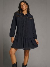 Zara Black Crochet Lace Drop Waist Shirt Dress Size Small Boho Button Front