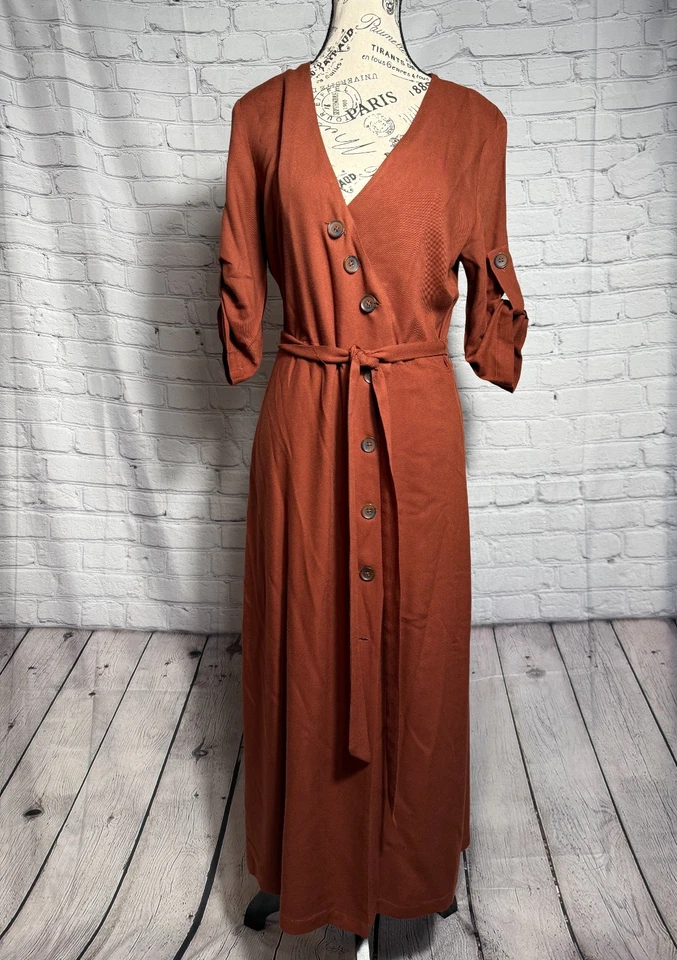 Maxi Vestido BB Dakota Rust Cinturón Delgado Talla 6 Manga con Pestaña Enrollable Frontal Abertura Estilo Otoño Foto 4 de 4