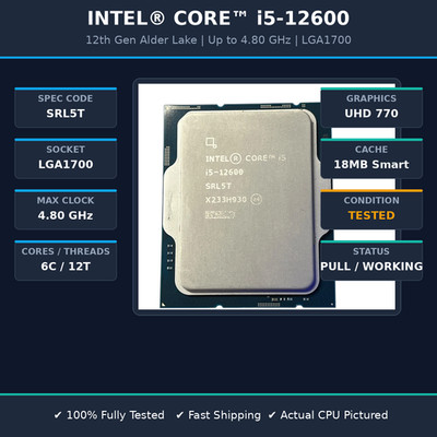 Intel Core i5-12600 3.30GHz Up to 4.80GHz SRL5T LGA1700 12th Gen CPU Processor