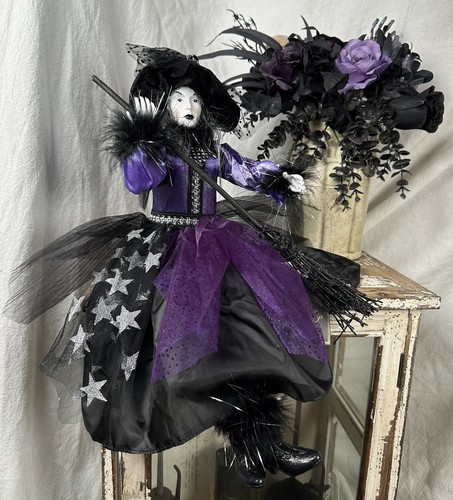 NWT 24” Large Halloween Witch Doll Spooky Night Purple Black White Silver Decor - Picture 2 of 20