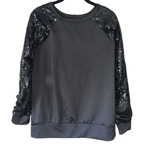Schwarz Paillettenärmel Sweatshirt Pullover Party Abend Freizeit Glam Top A12