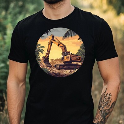 Men's Excavator Palm Tree Print Cotton T-Shirt Size XS to 5XL