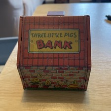 Rare Vintage J Chein USA Three Little Pigs Tin Litho Coin Bank - 1940s -