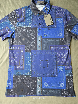 G Fore Polo Shirt Mens Medium Blue Paisley Bandana Colorblock Geometric Print