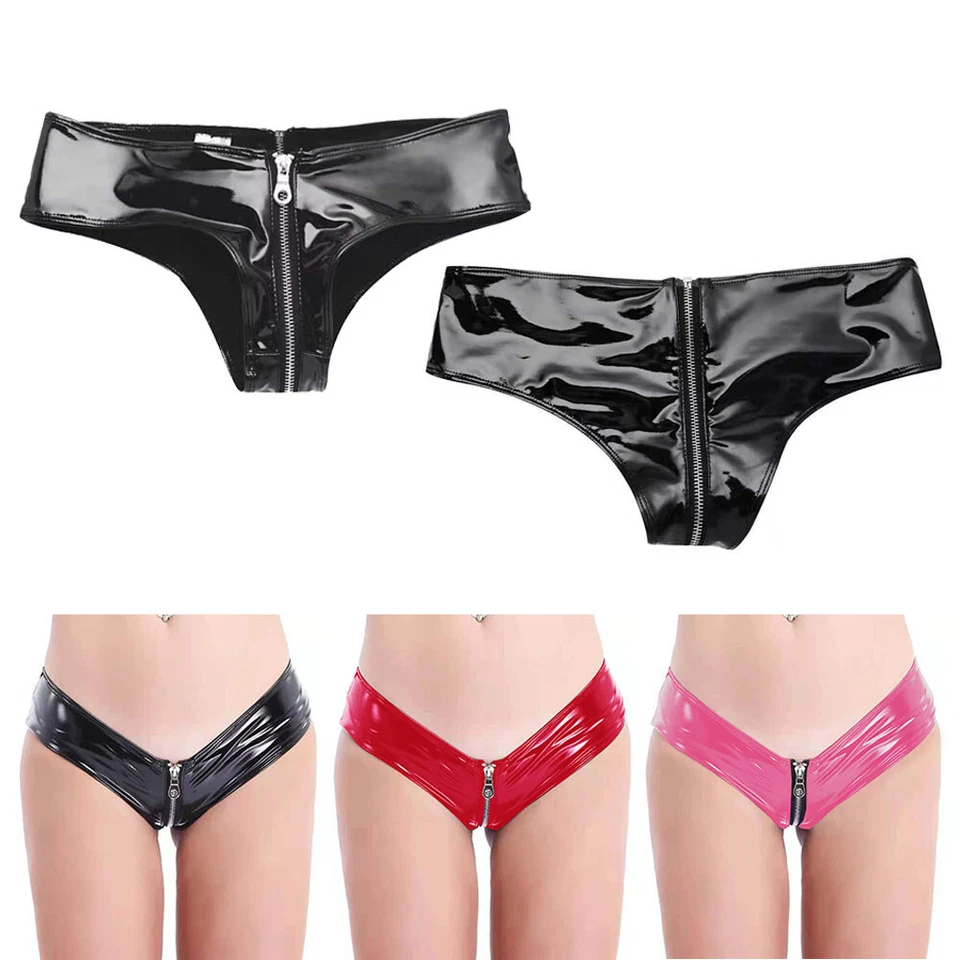 Mujeres Cremallera Entrepierna Boxer Bragas Calzoncillos PVC Cuero Micro Pantalones Cortos Ropa Interior EE. UU. Foto 2 de 4