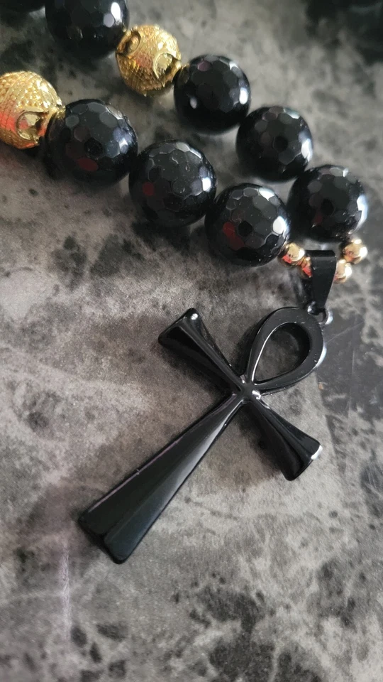 Collar de piedra de obsidiana negra natural con colgante Ankh Foto 2 de 3