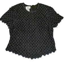 Papell Boutique Evening Silk Beaded Top Blouse-Formal-Black-Short Sleeve-Size 1X