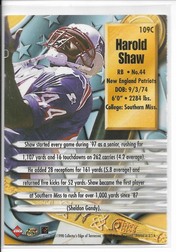 1998 COLLECTOR'S EDGE SUPREME SEASON REVIEW Harold Shaw #109C   Patriots - Image 2 of 2