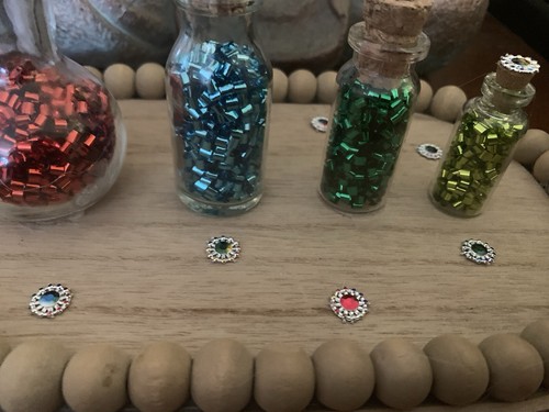 Four Mini Glass Bottles Filled With Tube Confetti On Wood Tray Decoration - Picture 3 of 4