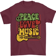 Peace Love Music Guitar Hippy Flower Power Mens T-Shirt 100% Cotton