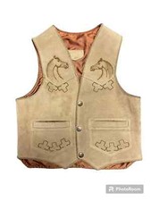 Valencia Kids Tan Suede Leather Embossed Horses Western Vest Size 10