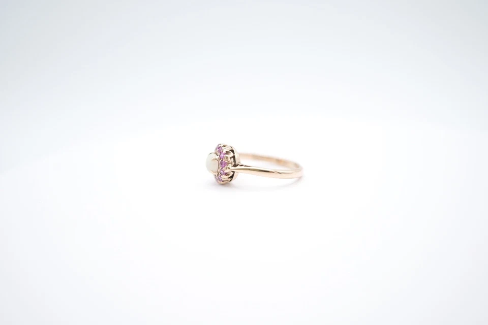 9K Yellow Gold Round Opal and Ruby Halo Four Prong Set Ring - Image 4 of 4