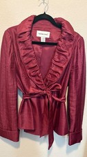 Victor Costa Special Occasion Ruffle Jacket Sz 12 Maroon Iridescent Belted Waist