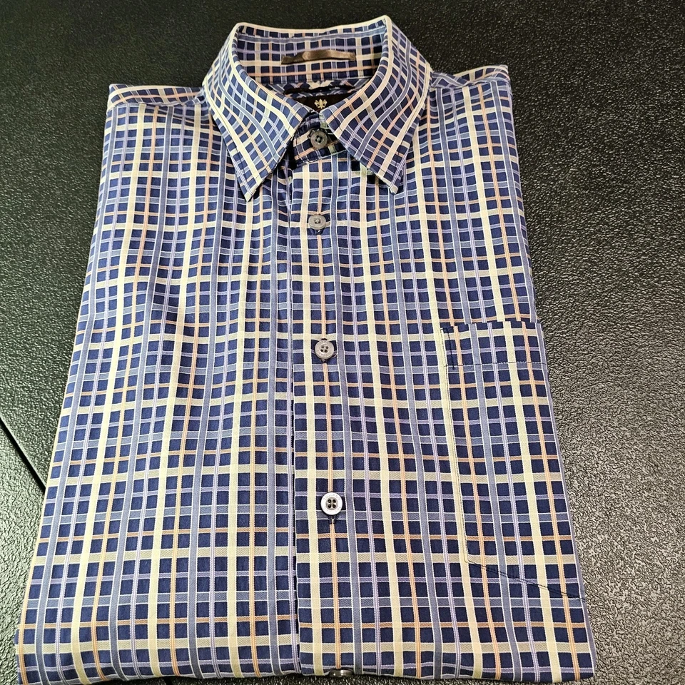 Camisa social Toscano masculina grande luxo manga longa botão para cima geométrica xadrez em excelente estado usado - Imagem 3 de 4