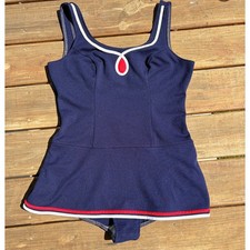 Vintage 1960's/1970's Navy Blue w/ Red White Trim Swimdress Swimsuit Size 14