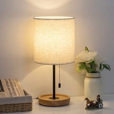 Bedside Table Lamp - Modern Nightstand Lamp with Linen Fabric Shade Wooden De...
