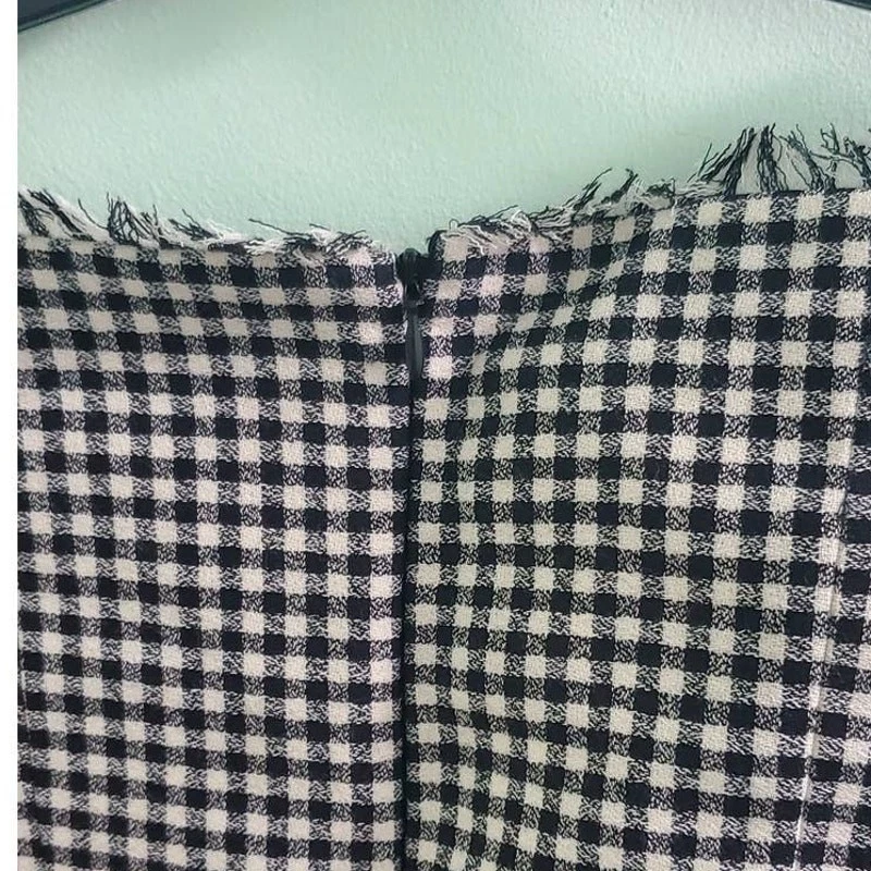 Abito Moschino Couture lana nero e panna a quadri con frange accento taglia 6